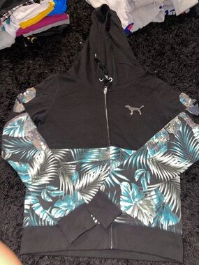 Victoria's Secret PINK Black Top with Teal Palm Accent Limited Edition zip up
